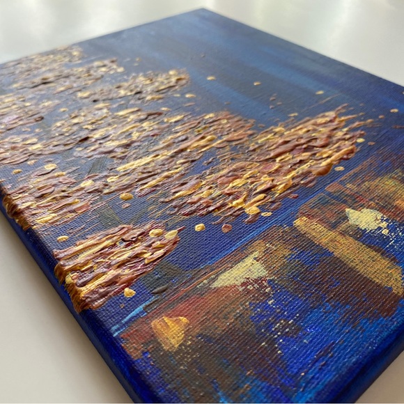 🌙New Original Painting Handmade Gold Tree Water Acrylic Wall Art Gift Gold Blue - Picture 5 of 7